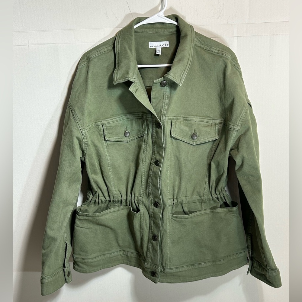 LOFT Olive Green Utility Button up Cinch Waist Canvas Jacket Size XXL - Picture 1 of 8